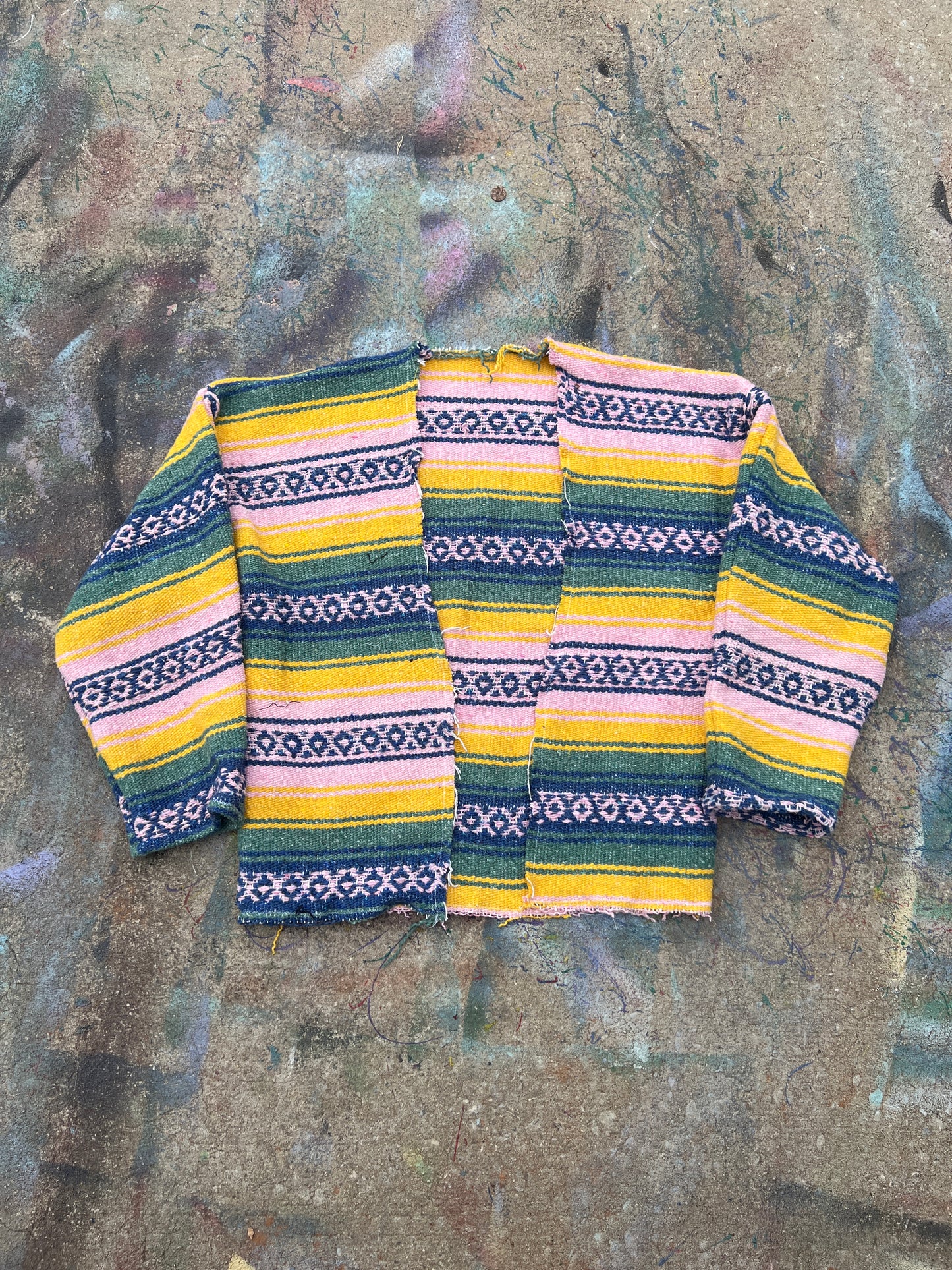 (L/S) Yellow/Blue/Green Scratchwork Drug Rug Cardigan (L)