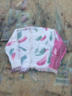 (L/S) Pink/White Scratchwork Tapestry Cardigan (L)