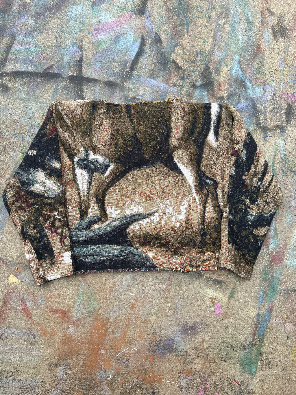 (L/S) Deer in a Forest Scratchwork Tapestry Sweater (XXL)